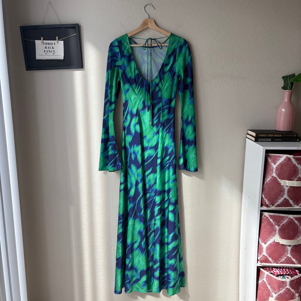 The Wolf Gang Dress Calypso‎ Green Blue Abstract Long Sleeve Maxi Dress Size M - Picture 9 of 12